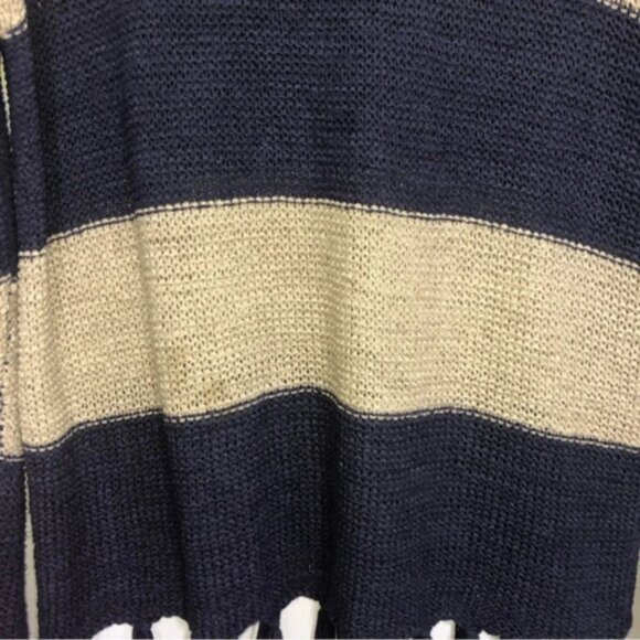 Onetheland Tunic Sweater L Wine Tan Blue Blocks Stripe  Fringe Bottom Knit - Picture 6 of 11